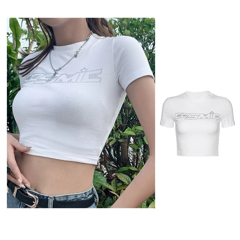 Cosmic Rhinestone Crop Top: Y2K Glam Gets a Galaxy Upgrade! Shine Bright.
