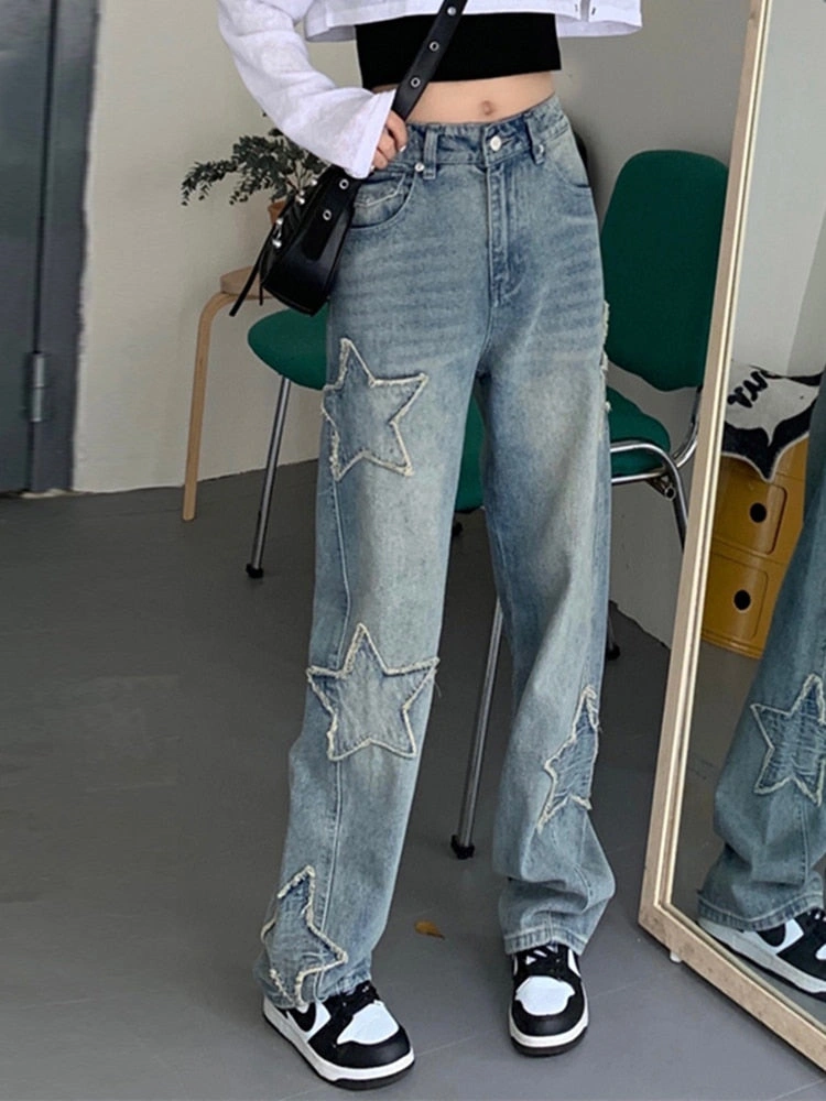 Starry Y2K Wide Leg Jeans: Patchwork Perfection. High-Waisted & Totally Rad.